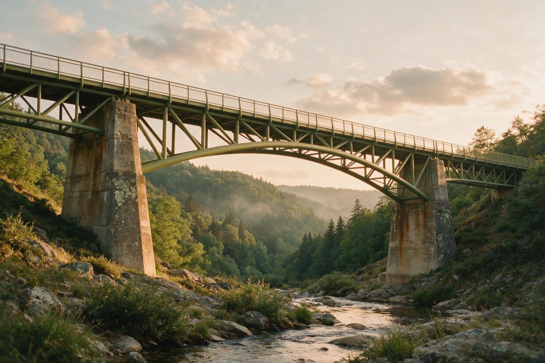 Steel arch bridge over a river valley at dawn