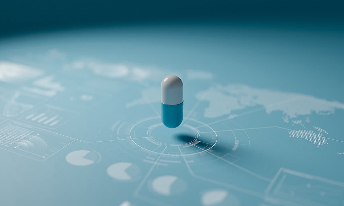 Pharmaceutical capsule over a global map with market data