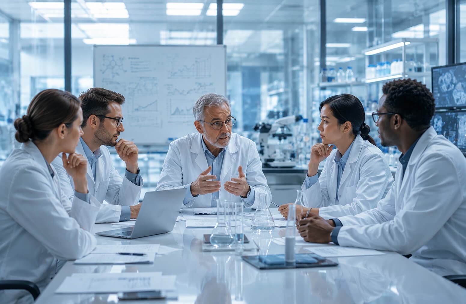 Team of scientists gathered in a laboratory for a scientific governance decision