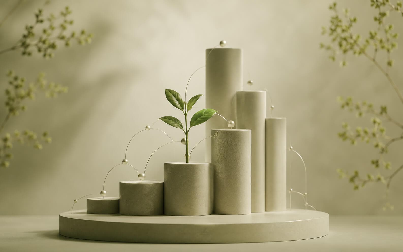 Ascending podiums with a sprout, representing the asset's progressive maturation